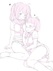 Rule 34 | 2girls, ahoge, blush, cameltoe, commentary request, copyright request, half-closed eyes, hand on head, headpat, heart, looking at another, low twintails, lying on person, monochrome, multiple girls, neckerchief, no pants, no shoes, pale color, panties, randou, reclining, school uniform, serafuku, shirt, short sleeves, sitting, sketch, socks, thighhighs, twintails, underwear, yuri