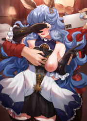Rule 34 | 1boy, 1girl, bare shoulders, beard, bed, black panties, blue hair, breasts, breasts out, brown gloves, brown hair, cellphone, charm (object), clothes pull, condom, covering own eyes, dress, earrings, erune, faceless, faceless male, facial hair, ferry (granblue fantasy), gloves, goatee, granblue fantasy, hetero, highres, indoors, jewelry, key, lamp, long hair, medium breasts, mustache, netorare, nipples, one eye covered, open mouth, panties, phone, pillow, saru (pixiv13751598), sex toy, skirt, sleeveless, sleeveless dress, thigh gap, thighhighs, thighs, underboob, underwear, vibrator, vibrator in thighhighs, vibrator under clothes, yellow eyes