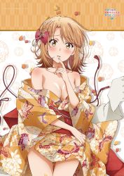 Rule 34 | 1girl, absurdres, bare shoulders, breasts, brown hair, cleavage, collarbone, commentary request, hand to own mouth, highres, isshiki iroha, japanese clothes, kimono, large breasts, looking at viewer, obi, official art, petals, sash, solo, thighs, yahari ore no seishun lovecome wa machigatteiru., yellow eyes