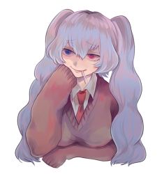 Rule 34 | 10s, 1girl, blue eyes, blue hair, candy, food, food in mouth, heterochromia, koide, lollipop, long hair, long sleeves, matching hair/eyes, necktie, red eyes, simple background, sleeves past wrists, smile, solo, tokyo ghoul, tokyo ghoul:re, twintails, upper body, white background, yonebayashi saiko