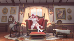 Rule 34 | 1girl, alcohol, alternate costume, arm support, armchair, artist name, bird, book, bottle, chair, clock, closed mouth, commentary request, crossed legs, cup, curtains, dress, drinking glass, eyewear on head, globe, grandfather clock, head rest, highres, holding, holding cup, honkai: star rail, honkai (series), indoors, kafka (honkai: star rail), lamp, lips, long hair, long sleeves, looking at viewer, neck ribbon, open book, painting (object), phonograph, purple eyes, purple hair, rarer, red ribbon, ribbon, sitting, socks, solo, sunglasses, table, white dress, white socks, window, wine glass