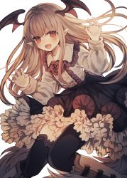 Rule 34 | 1girl, bad id, bad pixiv id, black thighhighs, black wings, blonde hair, blush, boots, demon wings, dress, granblue fantasy, head wings, highres, knee boots, long hair, long sleeves, looking at viewer, namakuby, open mouth, petticoat, pointy ears, red eyes, simple background, solo, teeth, thighhighs, vampy, white background, white footwear, wings