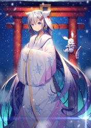 Rule 34 | 1girl, blue eyes, blue hair, closed mouth, gohei, hair ornament, hairclip, hands in opposite sleeves, hatsune miku, japanese clothes, kimono, light trail, long hair, long sleeves, looking at viewer, motion blur, rabbit, smile, snowflake print, snowing, solo, standing, torii, twintails, very long hair, vocaloid, white kimono, wide sleeves, xiaosan ye, yuki miku, yuki miku (2018)