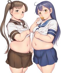 Rule 34 | 2girls, ayanami (kancolle), belly, blue hair, blue skirt, blush, breasts, brown eyes, brown hair, brown skirt, clothes lift, collarbone, commentary request, cowboy shot, eating, food, head tilt, highres, holding, holding food, kantai collection, lifted by self, long hair, looking at viewer, looking to the side, medium breasts, midriff, muffin top, multiple girls, navel, orizen, parted lips, pleated skirt, plump, sailor collar, shirt lift, short hair with long locks, short sleeves, simple background, skirt, small breasts, tareme, thick arms, ushio (kancolle), white background, wrapper