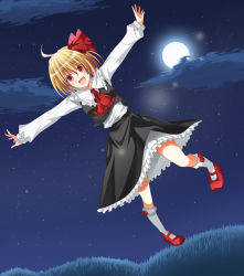 Rule 34 | 1girl, ahoge, ascot, bad id, bad pixiv id, blonde hair, blush, embodiment of scarlet devil, female focus, full body, full moon, hair ribbon, moon, nature, open mouth, outdoors, outstretched arms, plant, red eyes, ribbon, rumia, short hair, sky, smile, solo, sousui yasana, touhou