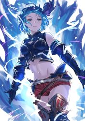 Rule 34 | 1girl, aldehyde, aura, bare shoulders, belt, blue eyes, blue hair, boots, cleavage cutout, clothing cutout, commentary request, crop top, djeeta (granblue fantasy), elbow gloves, floating hair, gloves, granblue fantasy, guider to the eternal edge, hair ornament, highres, looking at viewer, midriff, navel, short shorts, shorts, smile, solo, thigh boots, thighhighs