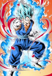 Rule 34 | 1boy, aura, blue eyes, blue hair, clenched teeth, closed mouth, commentary request, dragon ball, dragon ball super, earrings, fighting stance, gloves, highres, jewelry, looking at viewer, male focus, muscular, potara earrings, smile, solo, spiked hair, super saiyan, super saiyan blue, teeth, vegetto, white footwear, white gloves, young jijii
