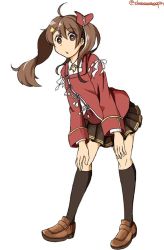 Rule 34 | 10s, 1girl, ahoge, brown eyes, brown hair, full body, hair ornament, hairclip, japanese clothes, kantai collection, kariginu, leaning forward, magatama, miniskirt, nemui (einschlafen), pleated skirt, ryuujou (kancolle), sideways hat, simple background, skirt, solo, twintails, twitter username, visor cap, white background