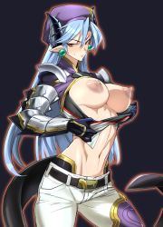 Rule 34 | &gt;:(, 1girl, blue hair, blush, breasts, demon girl, demon horns, demon tail, earrings, frown, gauntlets, groin, hat, horns, jewelry, large breasts, long hair, looking at viewer, melfis, mob cap, navel, nipples, pointy ears, red eyes, shinrabanshou, solo, tail, tsurime, undressing, upper body, v-shaped eyebrows, yanazuri (kimossari337)