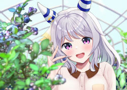 Rule 34 | 1girl, absurdres, alternate costume, animal ears, berry, blurry, blurry background, blurry foreground, casual, ear covers, food, fruit, greenhouse, grey hair, hair ornament, highres, hishi miracle (umamusume), holding, horse ears, horse girl, looking at viewer, medium hair, open mouth, plant, portrait, purple eyes, shia0016, solo, umamusume