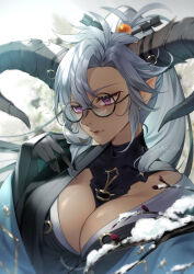 1girl breasts cleavage dragon_girl dragon_horns fang fediel_(granblue_fantasy) glasses gloves granblue_fantasy grey_hair hair_ornament high_ponytail highres horn_ornament horns kogome_(azalea4) long_hair pointy_ears ponytail purple_eyes skin_fang solo upper_body very_long_hair