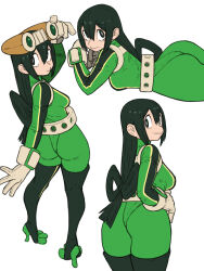 Rule 34 | 1girl, absurdres, ass, ass focus, asui tsuyu, belt, black eyes, black hair, bodysuit, boku no hero academia, boots, clenched hand, frog girl, from above, from behind, gloves, goggles, goggles on head, green bodysuit, hair rings, hand up, high heel boots, high heels, highres, long hair, looking to the side, low-tied long hair, panties under bodysuit, simple background, solo, thighs, toshinoshin, white background, white gloves