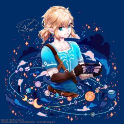 Rule 34 | 1boy, artist name, belt, blonde hair, blue eyes, blue shirt, cloud, constellation, crescent moon, dated, earrings, fingerless gloves, gloves, handheld game console, holding, holding handheld game console, jewelry, layered sleeves, link, long sleeves, male focus, meyoco (style), moon, nintendo, nintendo switch, planet, planetary ring, pointy ears, rock, shirt, short over long sleeves, short sleeves, solo, sparkle, the legend of zelda, the legend of zelda: breath of the wild, touminnn, upper body