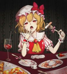 Rule 34 | 1girl, ambiguous red liquid, ascot, blonde hair, bow, breasts, brooch, cheese trail, commentary request, covering own mouth, cup, drinking glass, drinking straw, eating, eyeball, fangs, fisheye, flandre scarlet, floral print, food, fork, frilled shirt collar, frills, fruit, half-closed eyes, hand over own mouth, hands up, hat, hat bow, highres, holding, holding fork, indoors, jewelry, knife, looking at viewer, mob cap, open mouth, pink bow, pizza, plate, pointy ears, puffy short sleeves, puffy sleeves, red bow, red eyes, short hair, short sleeves, sitting, small breasts, solo, strawberry, striped, table, tayutai (user xruy3332), tongue, touhou, upper body, vertical stripes, wallpaper (object), white hat, wine glass, wrist cuffs, yellow ascot
