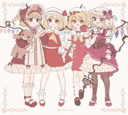 Rule 34 | 4girls, adapted costume, alternate costume, apple, arm ribbon, ascot, beret, blonde hair, bob cut, bobby socks, bonnet, bow, bowtie, brown corset, brown footwear, buttons, closed mouth, commentary request, corset, crystal, dress, english text, fang, fang out, finger to cheek, flandre scarlet, food, footwear bow, four of a kind (touhou), frilled dress, frilled hat, frilled skirt, frilled socks, frills, fruit, full body, hand up, hat, hat bow, hat ribbon, highres, holding, holding food, holding fruit, holding stuffed toy, laevatein (touhou), leg ribbon, legs together, light blush, lolita fashion, long sleeves, looking at viewer, mary janes, medium hair, mob cap, multiple girls, multiple persona, one side up, open mouth, pantyhose, parted lips, petticoat, puffy short sleeves, puffy sleeves, red apple, red bow, red bowtie, red dress, red eyes, red footwear, red headwear, red ribbon, red skirt, red vest, ribbon, sakurasaka, shoes, short sleeves, simple background, skirt, skirt set, slit pupils, smile, socks, standing, stuffed animal, stuffed toy, sweet lolita, teddy bear, touhou, vest, white background, white headwear, white socks, wings, wrist cuffs, yellow ascot, yellow bow, yellow bowtie