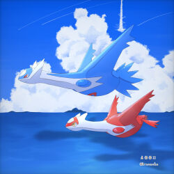 Rule 34 | animal focus, artist name, blue background, blue sky, blue theme, closed mouth, cloud, creatures (company), day, flying, from side, full body, game freak, gen 3 pokemon, highres, horizon, kinunuko, latias, latios, legendary pokemon, looking to the side, nintendo, no humans, ocean, outdoors, pokemon, pokemon (creature), pokemon mystery dungeon, pokemon mystery dungeon: red/blue rescue team, profile, red eyes, shooting star, simple bird, sky, sky tower (pokemon), twitter username, watermark, yellow eyes