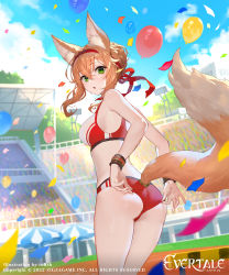 Rule 34 | 1girl, 2022, absurdres, animal ears, artist name, balloon, blonde hair, company name, confetti, copyright notice, day, evertale, fox ears, fox girl, fox tail, from behind, green eyes, hair between eyes, highres, looking at viewer, looking back, mysha, official art, short hair, sidelocks, solo, sportswear, stadium, standing, tail, teffish