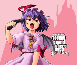 Rule 34 | 1girl, bat wings, character name, copyright name, fang, fangs, female focus, grand theft auto, grand theft auto: san andreas, gun, gun to head, hat, highres, holding, holding gun, holding weapon, kato (artist), kato (mogumoguokome), parody, purple hair, red eyes, remilia scarlet, revision, rockstar, short hair, solo, teeth, tongue, touhou, weapon, wings