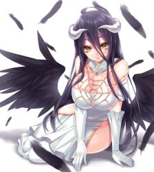 Rule 34 | 1girl, ahoge, albedo (overlord), arm support, bare shoulders, black hair, black wings, blurry, breasts, cleavage, demon girl, demon horns, depth of field, detached collar, dress, feathered wings, feathers, gloves, hip vent, hlz, horns, large breasts, long hair, looking at viewer, overlord (maruyama), sitting, smile, solo, demon girl, tsurime, very long hair, white dress, white gloves, wings, yellow eyes, yokozuwari