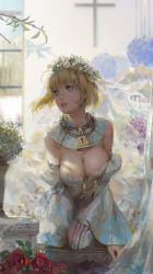 Rule 34 | 1girl, ahoge, bad id, bad pixiv id, blonde hair, breasts, bridal veil, chain, cleavage, commentary request, detached collar, dress, fate/grand order, fate (series), green eyes, highres, kneeling, large breasts, lips, lock, looking afar, nero claudius (bride) (fate), nero claudius (bride) (second ascension) (fate), nero claudius (fate), nero claudius (fate) (all), nose, padlock, short hair, solo, veil, vnug7855, white dress