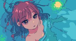Rule 34 | 1girl, aliasing, brown hair, collarbone, completely nude, female focus, from above, highres, looking at viewer, medium hair, nanami yuki (yuki77mi), nude, original, parted lips, partially submerged, pixel art, purple eyes, reflection, solo, water, wet