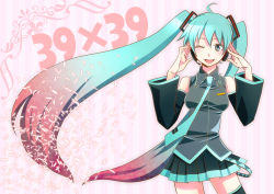 Rule 34 | 1girl, 39, ahoge, aqua eyes, aqua hair, bad id, bad pixiv id, blush, detached sleeves, gradient hair, hatsune miku, headset, long hair, multicolored hair, necktie, one eye closed, skirt, smile, solo, striped, striped background, thighhighs, twintails, ume (326310), very long hair, vocaloid, wink