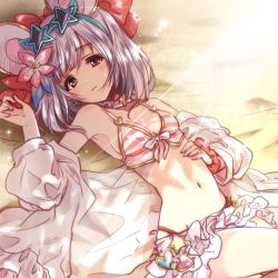 Rule 34 | 1girl, animal ears, arm up, beach, bikini, bikini skirt, bow, breasts, choker, closed mouth, commentary, day, eyes visible through hair, fake animal ears, flower, frilled choker, frills, front-tie top, granblue fantasy, hair bow, hair flower, hair ornament, heart, highres, kuroi mimei, looking at viewer, lying, mouse ears, off shoulder, on back, outdoors, pink bikini, pink scrunchie, red bow, red eyes, scrunchie, shirt, short hair, silver hair, small breasts, smile, solo, star-shaped eyewear, star (symbol), striped bikini, striped clothes, sunlight, swimsuit, vikala (blooming summer wallflower) (granblue fantasy), vikala (granblue fantasy), white shirt, wrist scrunchie