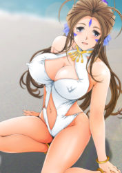Rule 34 | 1girl, aa megami-sama, anklet, arms at sides, bare shoulders, beach, belldandy, blue eyes, blurry, blurry background, bokeh, bracelet, breasts, brown hair, casual one-piece swimsuit, cleavage, cleavage cutout, clothing cutout, collarbone, depth of field, covered erect nipples, facial mark, forehead mark, groin, highres, jewelry, large breasts, long hair, midriff, nanashi noiji, navel, necklace, one-piece swimsuit, open mouth, ponytail, sitting, smile, solo, swimsuit, white one-piece swimsuit