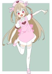 Rule 34 | 1girl, :d, absurdres, apron, bad id, bad twitter id, bandaged arm, bandages, blush, bright pupils, rabbit hair ornament, donguri suzume, dress, fang, fingernails, full body, green background, hair ornament, hat, highres, light brown hair, looking at viewer, nail polish, natori sana, nurse cap, open mouth, pink apron, pink footwear, puffy short sleeves, puffy sleeves, red eyes, red nails, sana channel, shoes, short dress, short sleeves, simple background, smile, solo, standing, standing on one leg, thighhighs, two side up, virtual youtuber, white dress, white thighhighs