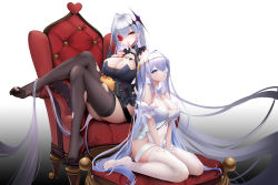 Rule 34 | 2girls, azur lane, bare shoulders, between legs, black leotard, blue eyes, blue ribbon, blush, breasts, bridal gauntlets, brown legwear, cleavage, detached collar, earrings, emden (azur lane), feet, flower, flower over eye, frills, full body, grey hair, hair between eyes, hair ornament, hand between legs, highres, jewelry, large breasts, leotard, light particles, liu liaoliao, long hair, looking at viewer, manjuu (azur lane), multiple girls, nail polish, neck ribbon, no shoes, on chair, parted lips, red eyes, red flower, red nails, ribbon, sitting, strapless, strapless leotard, thighhighs, torn clothes, torn legwear, v arms, very long hair, wariza, white flower, white leotard, white thighhighs, wrist cuffs