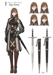Rule 34 | 1girl, auyn awinaz (navigavi), belt, boots, brown hair, expressions, gauntlets, gloves, highres, holding, jun (navigavi), long hair, looking at viewer, original, scabbard, sheath, simple background, solo, sword, tabard, thigh boots, thighhighs, translation request, weapon, white background
