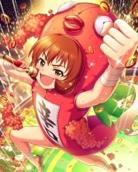 Rule 34 | brown eyes, cosplay, food, highres, idolmaster, idolmaster cinderella girls, kigurumi, looking at viewer, microphone, official art, open mouth, red hair, sandals, short hair, smile, solo, thighs, ueda suzuho