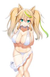 Rule 34 | 1girl, absurdres, animal ears, aqua eyes, arms behind back, asamura hiori, atago (azur lane), atago (azur lane) (cosplay), atago (summer march) (azur lane), atago (summer march) (azur lane), azur lane, bikini, blonde hair, breasts, choker, cleavage, closed mouth, collarbone, cosplay, feet out of frame, floral print, gene (pso2), hair between eyes, halterneck, highres, huge breasts, kemonomimi mode, knees together feet apart, large breasts, leaning forward, light blush, lips, looking at viewer, multicolored hair, navel, phantasy star, phantasy star online 2, sarong, see-through, sidelocks, simple background, skindentation, smile, solo, strap gap, streaked hair, swimsuit, thigh gap, twintails, white background, white bikini