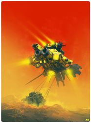 Rule 34 | commentary, english commentary, flying, from below, highres, no humans, original, pascal blanche, radio antenna, red sky, sand, science fiction, sky, spacecraft, trash, vehicle focus