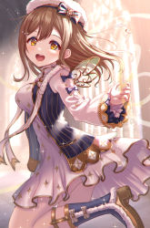 Rule 34 | 1girl, :d, a messenger from paradise (love live!), beret, blue vest, blush, boots, bow, breasts, brown hair, collared dress, dress, fairy wings, fake wings, from side, hair ornament, hairclip, hat, hat bow, highres, knee up, kunikida hanamaru, legwear garter, long hair, long sleeves, looking at viewer, love live!, love live! school idol festival, love live! school idol festival all stars, love live! sunshine!!, medium breasts, open mouth, short dress, sidelocks, smile, solo, standing, standing on one leg, usamaru67pi, vest, white hat, wings, yellow eyes