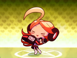 Rule 34 | &gt; &lt;, 1girl, ahoge, belt, black gloves, blush stickers, chibi, dress, full body, gloves, huge ahoge, long hair, loose belt, magic circle, no nose, open mouth, red hair, sf-a2 miki, solo, tange dan p, vocaloid, white dress, white footwear, yellow background