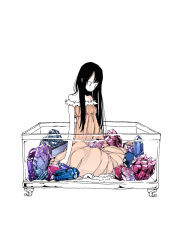 Rule 34 | 1girl, bare shoulders, black hair, crystal, dress, gem, hasha, highres, long hair, no mouth, no nose, off-shoulder dress, off shoulder, original, pink dress, rock, simple background, sitting, solo, white background