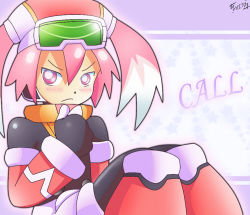 Rule 34 | 1girl, blush, call (mighty no. 9), character name, frown, gloves, goggles, goggles on head, hat, long hair, mighty no. 9, pink eyes, pink hair, shoutaro saito, signature, sitting, solo, twintails