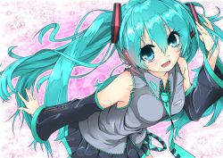 Rule 34 | 1girl, aqua eyes, aqua hair, detached sleeves, floral background, hatsune miku, hazuki akaoto, highres, leaning forward, long hair, necktie, open mouth, skirt, solo, twintails, very long hair, vocaloid