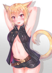 Rule 34 | 1girl, animal ear fluff, animal ears, armpits, arms behind head, arms up, artist name, bare arms, bare shoulders, belt, black shorts, black vest, blonde hair, breasts, cat ears, cat girl, cat tail, cocoasabure, commentary request, cowboy shot, drop shadow, facial mark, fang, final fantasy, final fantasy xiv, gradient background, highres, looking at viewer, medium breasts, miqo&#039;te, navel, no bra, open mouth, pink eyes, short hair, short shorts, shorts, solo, stomach, tail, vest, warrior of light (ff14), white background