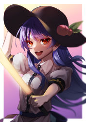 Rule 34 | 1girl, :d, arm up, bag, black hat, border, collared shirt, dress shirt, floating hair, gradient background, grey shirt, hair between eyes, hat, highres, hinanawi tenshi, holding, long hair, open mouth, outside border, peach hat ornament, pink background, purple background, purple hair, red eyes, shirt, short sleeves, smile, solo, sun hat, touhou, upper body, very long hair, wanko sora, white border, wing collar