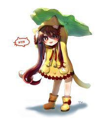 Rule 34 | 1girl, :p, absurdres, aged down, alternate costume, animal hood, arms up, boots, brown hair, coat, commentary request, contemporary, full body, genshin impact, ghost print, hair between eyes, hands on own head, highres, hood, hu tao (genshin impact), leaf umbrella, long hair, looking at viewer, pocket, raincoat, red eyes, sidelocks, simple background, smile, solo, sp0i0ppp, standing, symbol-shaped pupils, tongue, tongue out, twintails, white background, yellow coat, yellow footwear