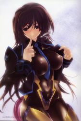Rule 34 | 1girl, absurdres, bodysuit, breasts, brown hair, covered erect nipples, highres, large breasts, long hair, miwa yoshikazu, muv-luv, muv-luv alternative, muvluv alternative total eclipse, muv-luv total eclipse, navel, necktie, nipples, pilot suit, puffy nipples, ribbon, shiny clothes, skin tight, solo, takamura yui