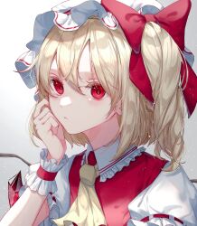 Rule 34 | 1girl, absurdres, blonde hair, bow, expressionless, flandre scarlet, hand on own face, hat, highres, jacket, looking at viewer, red bow, red eyes, red jacket, shirt, solo, toku kekakewanko, touhou, white background, white hat, white shirt