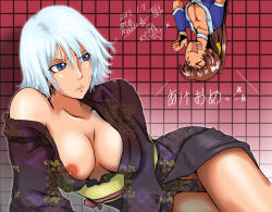 Rule 34 | &gt; &lt;, 1girl, blue eyes, breasts, chibi, chibi inset, christie (doa), cleavage, dead or alive, closed eyes, japanese clothes, kasumi (doa), kimono, large breasts, lying, meteo snow, multiple girls, ninja, nipple slip, nipples, no panties, off shoulder, on side, open mouth, pubic hair, reclining, short hair, short kimono, solo focus, tecmo, tongue, translation request, upside-down, white hair