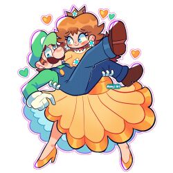 Rule 34 | 1boy, 1girl, absurdres, blue eyes, blush, breasts, brown hair, carrying, crown, dress, earrings, facial hair, flower, flower earrings, full body, gloves, grin, hat, heart, high heels, highres, holding, jewelry, looking at another, luigi, manysart1, mario (series), medium breasts, mustache, nervous, nintendo, orange dress, overalls, princess carry, princess daisy, puffy short sleeves, puffy sleeves, short sleeves, smile, spoken heart, super mario bros. 1, super mario land, tomboy