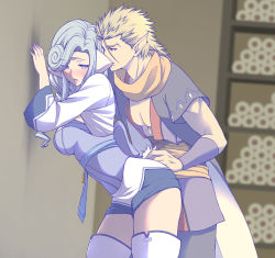 Rule 34 | 1boy, 1girl, against wall, ainu clothes, animal ears, aquaplus, ass, bent over, blonde hair, blue sash, blurry, blurry background, blush, boots, breasts, cleavage, curly hair, eyes visible through hair, from side, hair over one eye, hair over shoulder, large breasts, leaning forward, long hair, long sleeves, looking at another, looking at viewer, manyu274, mikazuchi (utawarerumono), munechika, open mouth, pointy ears, raised eyebrows, sash, sideboob, sidelocks, skirt, spiked hair, strapless, tail, teeth, thick thighs, thigh boots, thighhighs, thighs, tongue, tube top, utawarerumono, utawarerumono: itsuwari no kamen, variations, wide sleeves, yellow eyes
