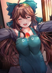 Rule 34 | 1girl, ^ ^, absurdres, ahoge, apron, black sweater, black wings, bow, breasts, brown hair, closed eyes, clothes writing, collarbone, commentary request, commission, green bow, hair bow, highres, large breasts, long hair, open mouth, outstretched arms, pixiv commission, reiuji utsuho, ribbed sweater, smile, solo, sweater, third eye, torottye, touhou, wings