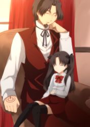 Rule 34 | 1boy, 1girl, age difference, bad id, bad pixiv id, black thighhighs, brown hair, command spell, couch, facial hair, fate/stay night, fate/zero, fate (series), father and daughter, goatee, hair ribbon, long hair, nap, ribbon, sitting, sitting on lap, sitting on person, sleeping, thighhighs, tohsaka rin, tohsaka tokiomi, vest, waistcoat, yomogi (kapuchi), zettai ryouiki