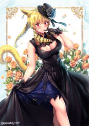 Rule 34 | 1girl, animal ears, aruma jiki, warrior of light (ff14), black dress, black gloves, blonde hair, blush, braid, braided ponytail, breasts, cat ears, cat tail, cleavage, cleavage cutout, clothing cutout, dress, drill hair, dutch angle, earrings, facial mark, final fantasy, final fantasy xiv, finger to mouth, flower, gloves, hat, jewelry, large breasts, long hair, looking at viewer, miqo&#039;te, red eyes, rose, slit pupils, solo, tail, twin drills, twitter username, whisker markings
